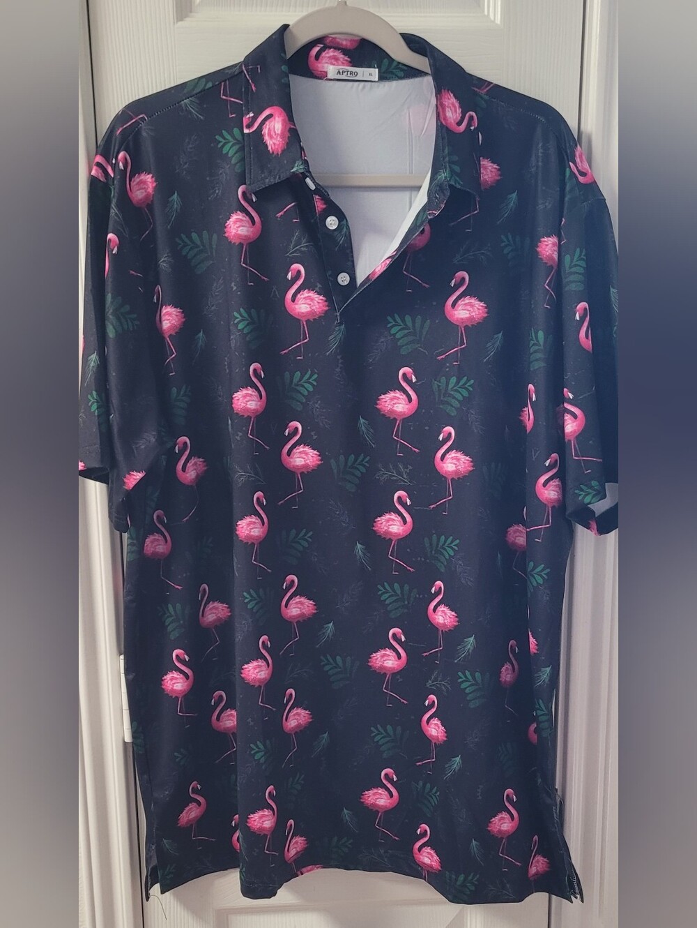 Men's Black Polo Shirt with Pink Flamingo Print By APTRO